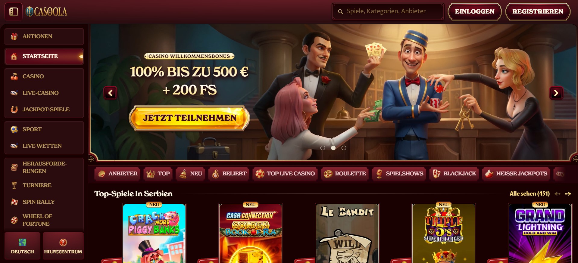 Startseite eines Casino ohne deutsche Lizenz mit Willkommensbonus 100% bis zu 500 € und 200 Freispiele, bunte Charaktere und Navigation für Slots, Live-Casino und Sportwetten.
